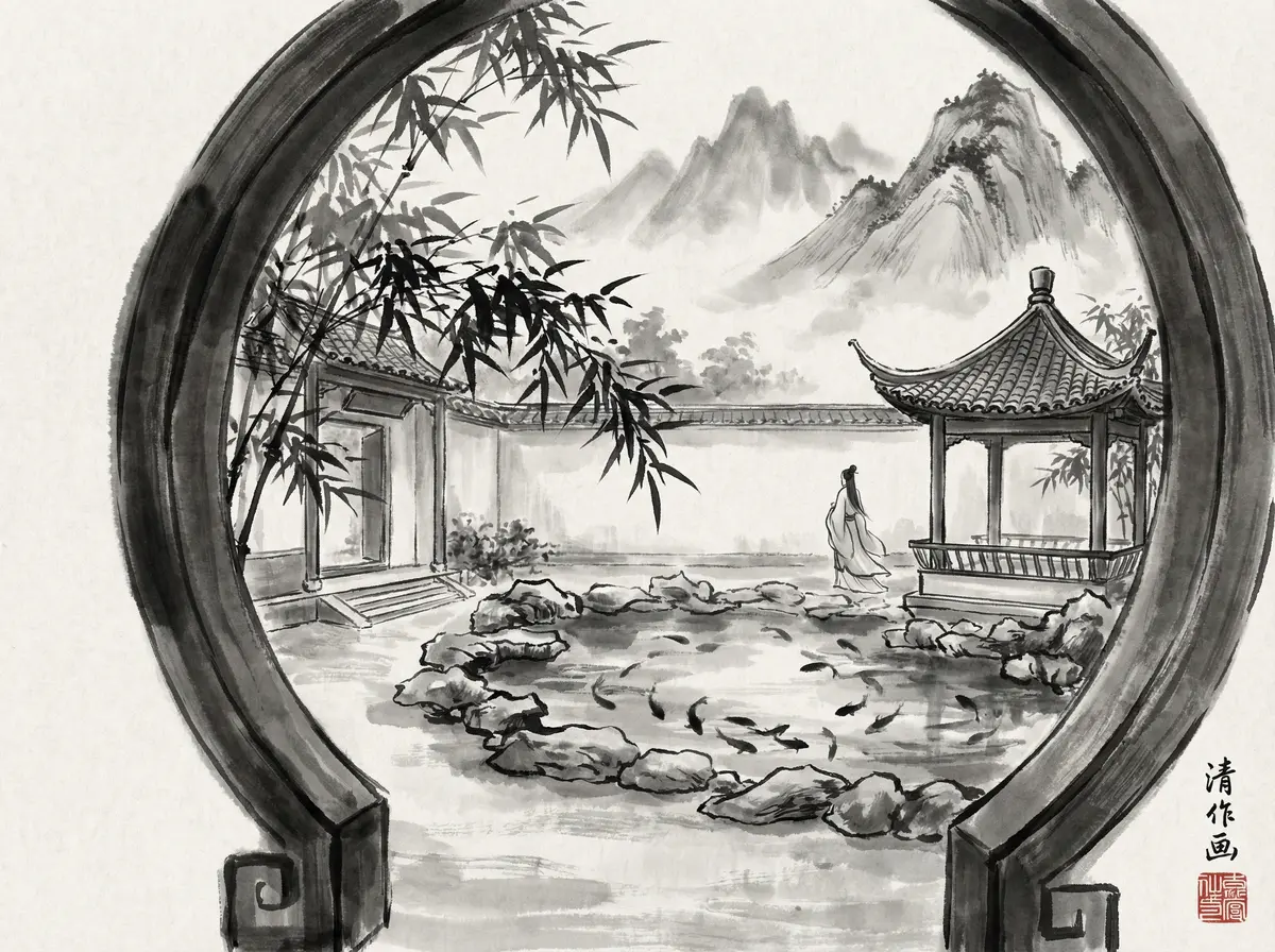 澳门新葡京水墨风格中式园林酒店庭院全景