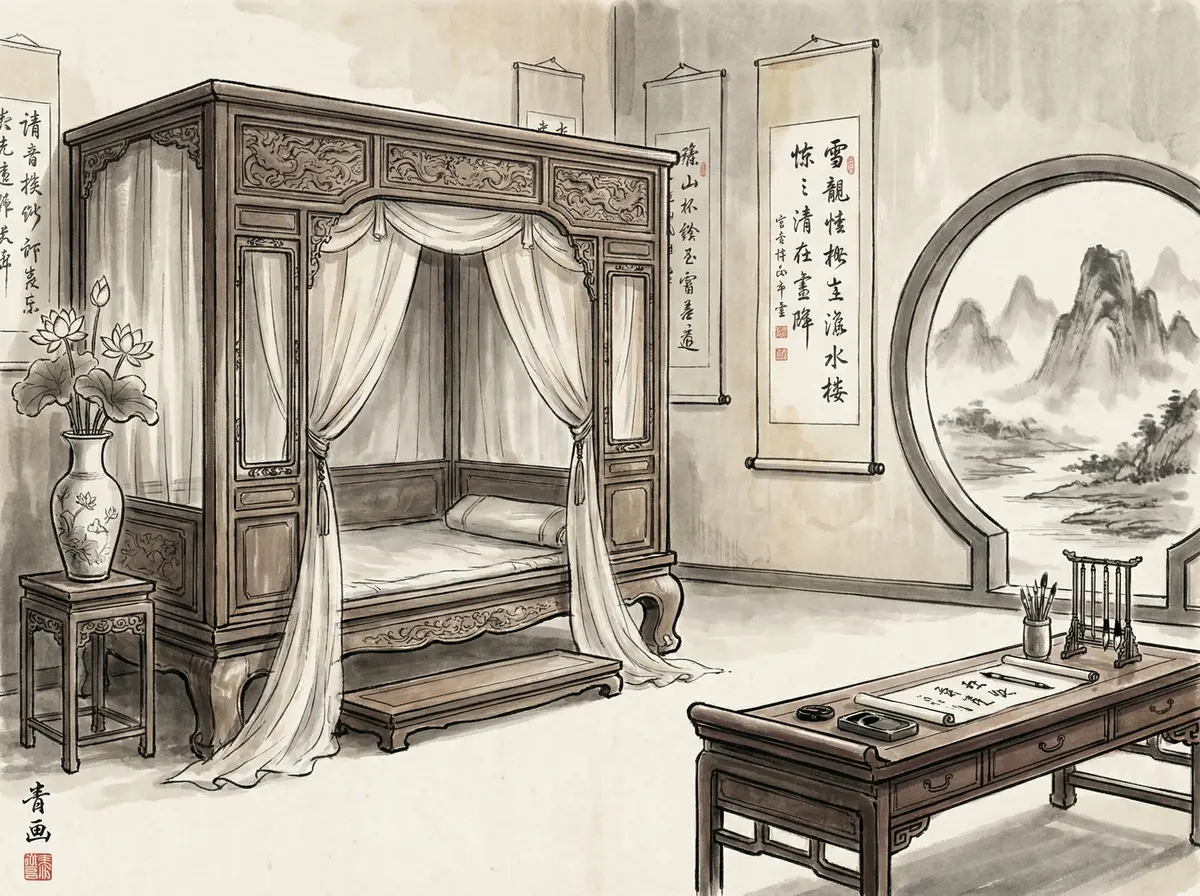 澳门新葡京水墨主题豪华客房内景展示红木家具与书法挂轴