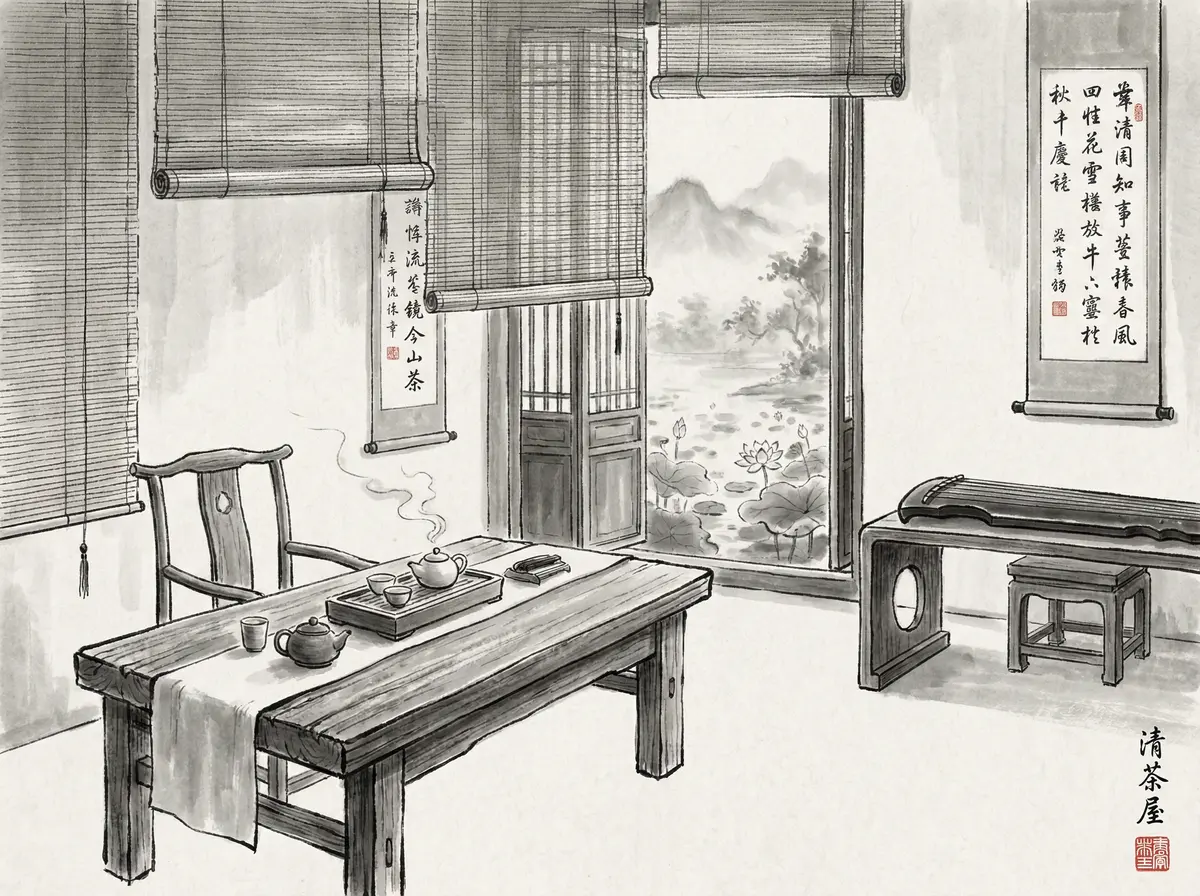 澳门新葡京听雨轩茶室水墨画风格展示功夫茶具与古琴